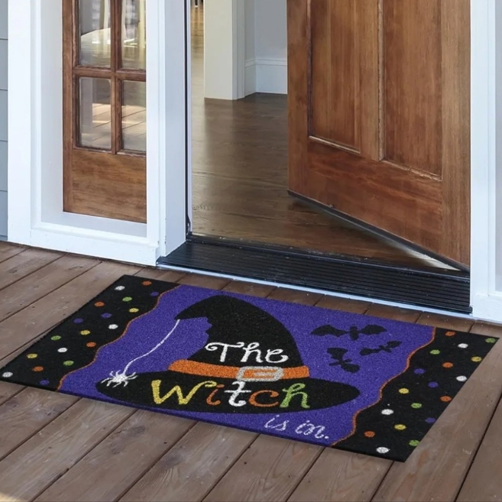 Halloween Front Door Coir Doormat The Witch Is In Witches Black Hat Purple